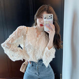 Gwmlk V-neck Long Sleeve Lace Blouse Women Tops Tassel White Shirts Blusas Hollow Out Lace Flowers Ladies Blouses Shirts 16095