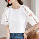 Gwmlk Hollow Short Sleeve White Blouse O Neck Women Simple T-shirt Elegant 2023 Tops New Casual Loose Ladies Shirt Blusas 26752