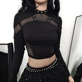 Gwmlk Gothic Mesh Patchwork T-Shirts Women Long Sleeve Eyelet Sexy Hollow Out Crop Tops Streetwear Harajuku Punk Slim Tees