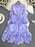 gwmlk Autumn Women Floral Irregular Ruffle Long Dress Bohemian Pink/Blue/Purple Stand Collar Puff Sleeve High Waist Vestidos