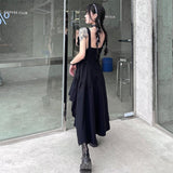 Gwmlk Goth Black Slip Dress Y2k Streetwear Women Vintage Techwear Irregular Backless Dresses Gothic Korean Fashion Aesthetic