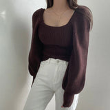 Gwmlk Sexy Low-Cut Square Collar Sweater Woman Vintage Puff Sleeve Slim Fit Knitted Jumper Autumn Winter Elastic Knitwear