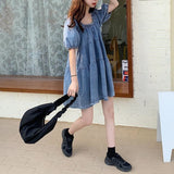 Gwmlk Girly Style Retro Square Collar Puff Sleeve Denim Skirt All-Matching Youthful-Looking Dress Women's Summer Denim Skirt