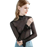 Gwmlk Fashion Lace Turtleneck Blouse Women Sexy Hollow Out See Through Shirts Woman Korean Slim Long Sleeve Bottoming Tops