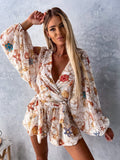 gwmlk Deep V Neck Jumpsuit For Women Summer Casual Boho Beach Vacation Outfit Female Fashion Print Lantern Sleeve Rompers Shorts