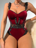 Gwmlk Velvet Bodysuit Lace Patchwork Luxury Women's Body One-Piece Crotchless Teddy Fitness Ruffle Sexy Sissy Winter Tops