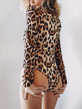 gwmlk Leopard Printed Bodycon Bodysuits Spring Women Long Sleeve Mock Neck Skinny Body Suit Shorts Jumpsuits