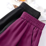 Gwmlk Summer Ice Silk Wide Leg Shorts Woman Solid Elastic Waist Casual Shorts Women Korean All-Match Loose Knee-Length Pants