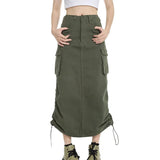 Gwmlk Women Cargo Skirt Summer Clothes 2023 Retro Drawstring Half Dress Long Side Pockets Solid Color Skirt y2k Streetwear