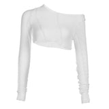 gwmlk y2k White Knitted Crop Top Contrast Patched Slash Neck Full Sleeve T Shirt See Through Smock Top Streetwear Tee Women