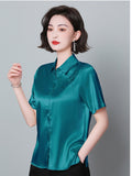 Gwmlk Women Shirt Embroidered Womens Tops Satin Short Sleeve Blouse 2023 Summer Fashion Female Clothing Casual Shirts for Women