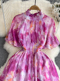 gwmlk Women Pink Tie Dye Printed Dress Elegant Ruffle Stand Collar Short Sleeve High Waist A-Line Big Swing Party Vestidos New