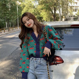 Gwmlk Autumn Winter Print Sweaters Women Harajuku Long Sleeve V-Neck Knitted Cardigan Casual All-Match Warm Student Knitwear