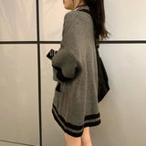 Gwmlk Preppy Style Knit Sweater Women Single Breasted V-Neck Warm Cardigan Woman Patchwork Grey Long Sleeve Sweaters Coat