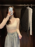 gwmlk Women Lace Mesh High Collar Bottom T-shirts Female Long Sleeve Autumn Casual Style Tight Thin Tops T-shirts Women Clothes