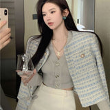 Gwmlk Korean Style Blue Tweed Jacket Women Elegant and Chic Oversize Short Jackets Streetwear Fashion New In Coats Aesthetic