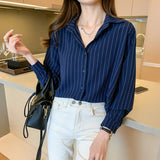 Gwmlk Woman Blouses 2023 Chiffon Long Sleeve Shirt Tops Woman White Blouse Shirts Striped Top Pretty and Cheap Women&#39;s Blouses