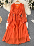 gwmlk Vintage Women Dress Elegant Orange/Red/Yellow V-Neck Lantern Sleeve High Waist Slim A-Line Vestidos Female New Fashion