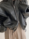 Gwmlk Punk Black Leather Jacket Women Outerwear Loose Zipper Cropped Leather Jacket Casual Moto Biker Streetwear Leather Coat