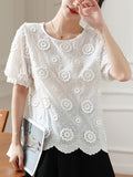 Gwmlk White Embroidered Lace Blouse Short Sleeve Woman Vintage Elegant Flowers Shirt Top Women Loose O Neck Slim Blouses 22361