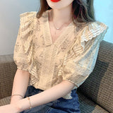 Gwmlk Floral Print Summer Ruffled Blouse Women V-neck Korean Fashion Lace Shirt Loose Casual Short Sleeve Tops Blusas 26992