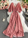 gwmlk Sexy Polka Dot Romper Women Elegant V-Neck Puff Short Sleeve High Waist Jumpsuit Female Loose Wide Leg Playsuits Fashion