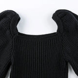 Gwmlk Sexy Low-Cut Square Collar Sweater Woman Vintage Puff Sleeve Slim Fit Knitted Jumper Autumn Winter Elastic Knitwear