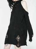 Gwmlk Y2K Street Hole Off-the-Shoulder Black Sweater Female Gothic Pullover Long Sleeve Knitted Sweater Dress