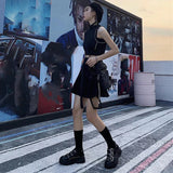 Gwmlk Black Punk Gothic Women Pleated Skirts Summer Harajuku Club High Waist Mini Skirt Girl Preppy Style A-Line Short Skirt