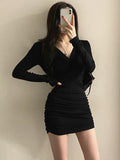 gwmlk Sleeve Dresses Women Folds Sheath Sexy V-neck Solid Trendy Leisure Ulzzang Streetwear Elegant Females