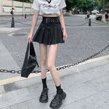 Gwmlk Korean High Waist Pleated Skirts Women Summer Khaki Black with Belt A-Line Skirt Woman All-Match Streetwear Mini Skirt