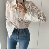 Gwmlk Lace White Blouse Women Hollow Out Flower Embroidery Shirt Sexy See Through Turn Down Collar Long Sleeve Top Blusa 13369