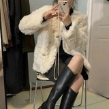 Gwmlk Fashion Faux Rabbit Fur Women Jackets Autumn Winter Double-Breasted Thicken Warm Outerwear Korean O-Neck Faux Fur Coat