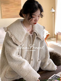 Gwmlk Cute Lace Ruffled Collar Doll Plush Coat Wool Jacket Autumn Winter Lamb wool coat