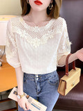 Gwmlk Hollow Women Tops Summer French Style Sweet Blouse 2023 New Fashion Half Sleeve Clothes Apricot Lace Shirt Blusas 21217