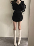 gwmlk Sleeve Dresses Women Folds Sheath Sexy V-neck Solid Trendy Leisure Ulzzang Streetwear Elegant Females