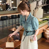 Gwmlk Short Sleeve Denim Shirt Women New Casual Single-Breasted Slim Top with Belt Short Denim Shirt