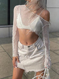 gwmlk y2k White Knitted Crop Top Contrast Patched Slash Neck Full Sleeve T Shirt See Through Smock Top Streetwear Tee Women