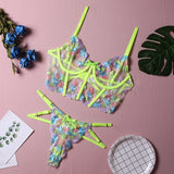 Gwmlk Luxury Lingerie Sexy Floral Embroidery Set Woman 2 Pieces Underwire Bra Thongs Exotic Intimate Neon Green Underwear