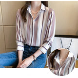 Gwmlk Woman Blouses 2023 Striped Shirts Long Sleeve Womens Tops Button Up Shirt Polo Neck Female Clothing Basic OL Ladies Tops