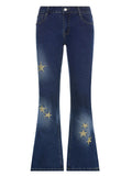 gwmlk Y2K Star Embroidery Flare Jeans Low Waisted Strecthy Trousers Women Retro Cute Grunge Aesthetic Pants Fashion Jeans