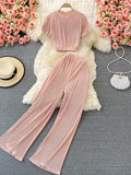 gwmlk Vintage Red/Pink/Black Pleated Two Piece Set Women Casual O-Neck Short Sleeve Tops + Loose Pants Suit Female 2023