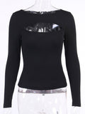 gwmlk Women tshirt Hollow Out Solid Black White Long Sleeve Knitted Tee Tops Casual Slim O Neck 2023 Fashion t shirt