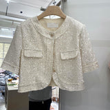 Gwmlk High Quality Korean Tweed Paillette Short Sleeve Jacket Coat Women Korean Fashion Sequin Short Outerwear Top