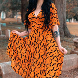 Gwmlk Orange Deep V-neck Fairy Grunge Dress Women Mall Gothic Aesthetics Elegant Bat Pattern Split Sexy Dress