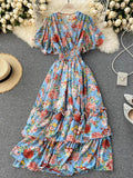 gwmlk Women Floral Printed Long Dress Sexy V-Neck Short Sleeve High Waist Ruffle Beach Vacation Vestidos Female Maxi Robe New