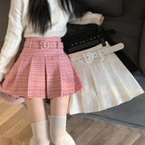 Gwmlk Korean Fashion with Belt Pleated Skirts Women All-Match Pink High Waist Mini Skirts 2023 New Street Plaid Skirts Woman