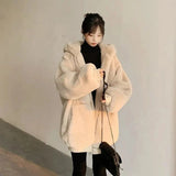 Gwmlk Winter Women Faux Rabbit Fur Hooded Coat Casual Solid Color Warm Faux Fur Jacket Woman Fashion Zip Thick Furry Overcoat