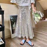 Gwmlk Summer Silver Sequined Mermaid Midi Skirt Bling Bling Shiny Sequins Calf Long Skirts