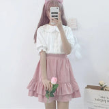 Gwmlk Style Kawaii Peter Pan Collar Blouses Women Summer Sweet Ruffle Short Sleeve White Shirt Girl Japanese Lolita Jk Shirts